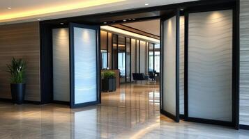 A modern office with glass doors and a marble floor photo