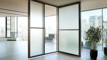 A large glass door with a plant in it photo