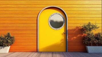 A yellow door is sitting on a wooden deck photo