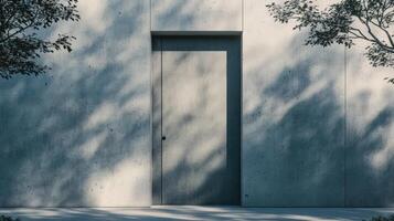 A door is open in front of a concrete wall photo