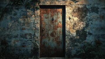 An old door in a stone wall photo