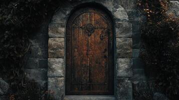 An old wooden door in a stone building photo