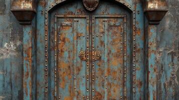 An old rusty door with a light fixture photo