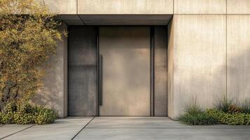 A modern concrete building with a door and a tree photo
