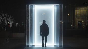 A man standing in front of a large light box photo