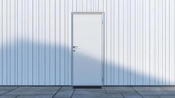 A white door is open on a wall photo