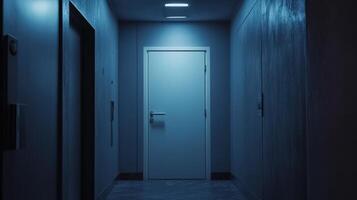 A dark hallway with a door and light coming from the wall photo
