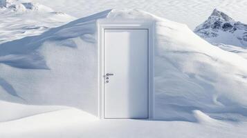 A door is open in the middle of a snowy mountain photo