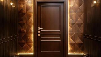 A dark hallway with a wooden door and a light photo