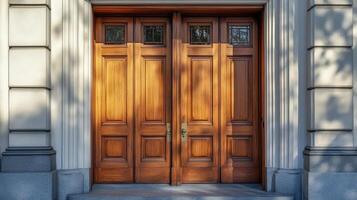 A large wooden door with two windows photo