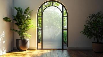 A room with a large window and a potted plant photo
