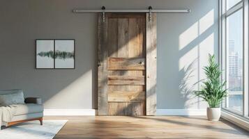 A modern barn door in a room with a chair and a plant photo