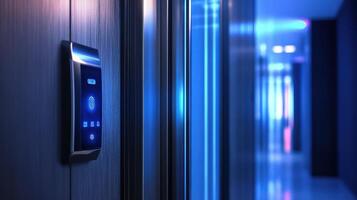 A close up of a door with a blue light photo