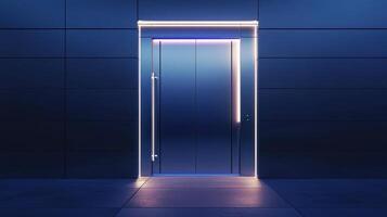 An open door in a dark room with neon lights photo