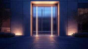 An elevator is lit up at night photo