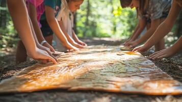 A group of children playing with a map on the ground photo