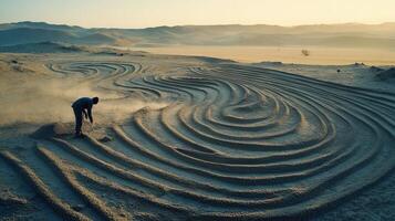 A man is working on a sand sculpture in the desert photo