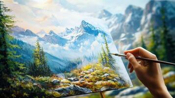 A person is painting a mountain landscape with a brush photo