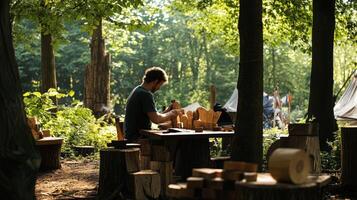 A man working on a wooden table in the woods photo