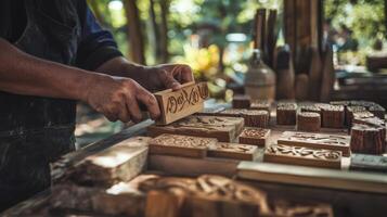 A man is working on wood blocks with a hammer photo