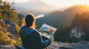 A person sitting on a rock with a painting of a mountain and forest photo