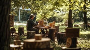 A man is working on a wooden sculpture in the woods photo