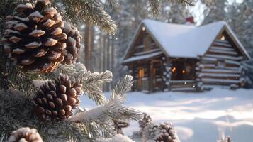 A cabin in the snow with pine cones and snow photo