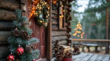 A log cabin with pine cones and christmas decorations photo