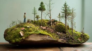 A miniature man stands on a rock with trees and moss photo