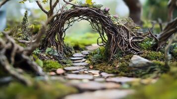 A miniature fairy garden with a path and tree branches photo