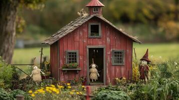 A miniature red schoolhouse with scarecrows and a scarecrow photo