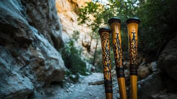Three wooden sticks with designs on them photo