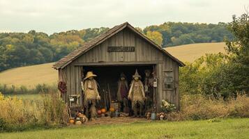 A scarecrow and pumpkins are sitting in front of a shed photo