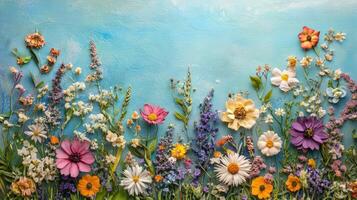 A painting of flowers on a blue background photo