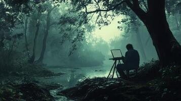 A man sitting on a stool in the woods with a laptop photo