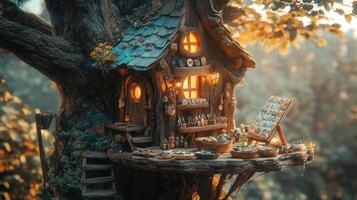 A miniature tree house with a tree in the background photo