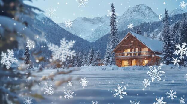 A cabin in the snow with snowflakes falling photo