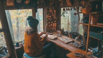 A woman sits at a desk in a wooded area photo