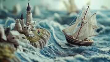 A miniature ship and castle in the ocean photo