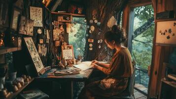 A woman sitting at a desk in front of a tree photo