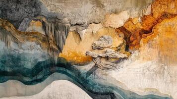 Abstract painting of a mountain range with a waterfall photo