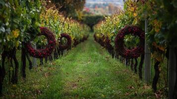 A row of red berries on the ground in a vineyard photo