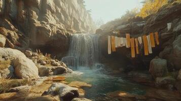 The waterfall is surrounded by rocks and trees photo