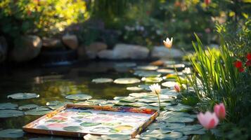 A painting on a tray in a pond with flowers photo