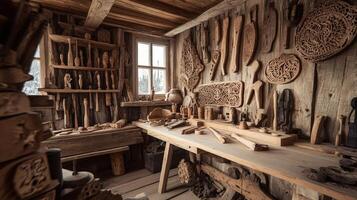 A wooden workbench with many different types of woodworking tools photo