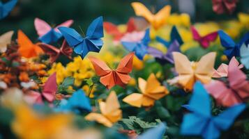 Many colorful origami butterflies are flying in the air photo