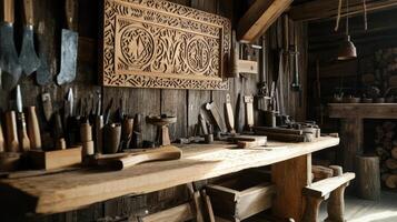 A wooden workbench with many tools on it photo