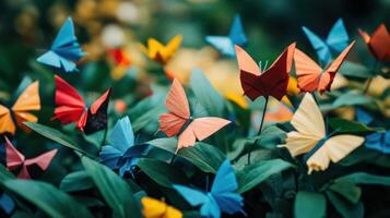 Many colorful origami butterflies are flying around photo