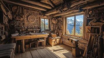 A woodworking shop with a window and a wooden desk photo