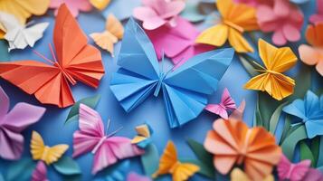 Many colorful origami butterflies are arranged on a blue background photo